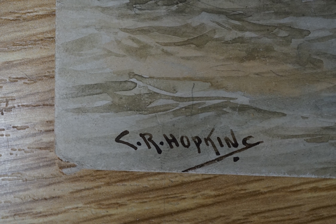 Charles R. Hopkins, set of four original watercolours for postcard designs, maritime ocean liners, to include Orient Liner on the Lower Thames, RMS Mooltan, P&O Line and RMS Asturias Royal Mail Liner, each signed, 17 x 2